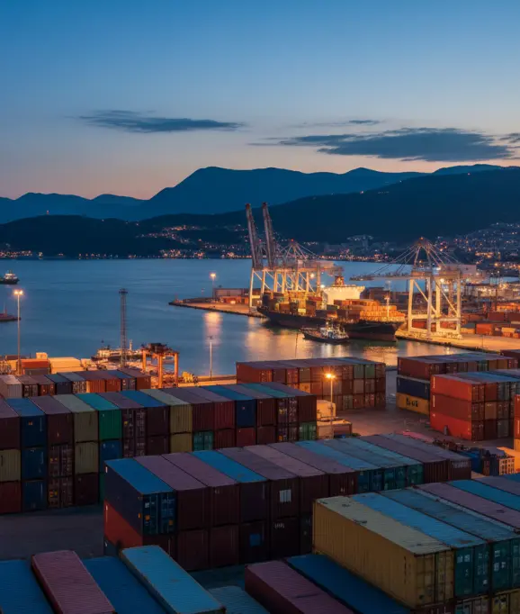 Port of Bar, Montenegro, at dusk with containers in foreground
